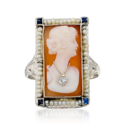C. 1950 Vintage Shell Cameo Ring With Pearls and Diamond In 14kt White Gold. Size 7.5 &mdash; Alt Image 1