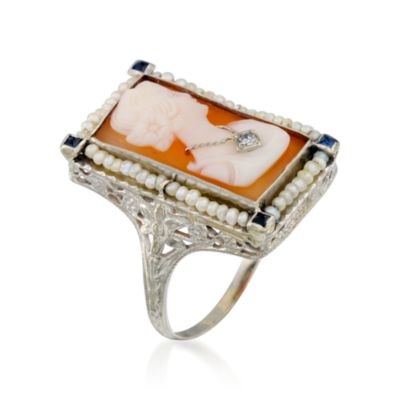 C. 1950 Vintage Shell Cameo Ring With Pearls and Diamond In 14kt White Gold. Size 7.5 &mdash; Alt Image 2