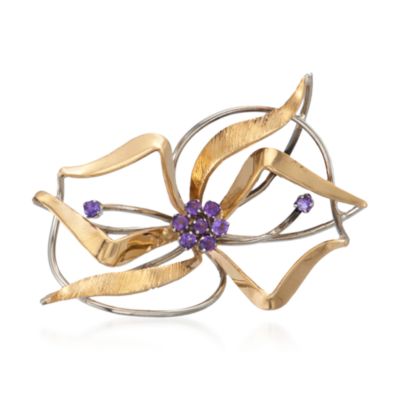 C. 1970 Vintage .35 ct. t.w. Amethyst Ribbon Pin in 18kt Two-Tone Gold &mdash; Alt Image 1