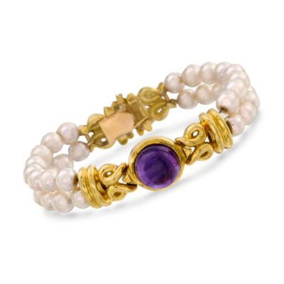 C. 1990 Vintage 6-6.5mm Cultured Pearl and 9.30 Carat Amethyst Bracelet In 18kt Yellow Gold. 7" &mdash; Alt Image 1