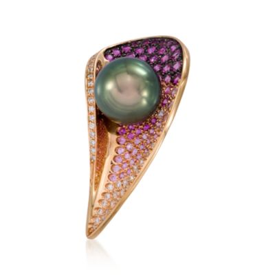 C. 1990 Vintage Schoefel Black South Sea Pearl and  Multi-Gem Pin In 18kt Yellow Gold &mdash; Alt Image 1