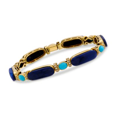 C. 1990 Vintage .60 ct. t.w. Diamond Bracelet With Lapis and Turquoise In 18kt Yellow Gold. 6.5" &mdash; Alt Image 1
