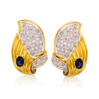 C. 1980 Vintage .95 ct. t.w. Sapphire and 1.85 ct. t.w. Diamond Earrings in 18kt Yellow Gold &mdash; Alt Image 1
