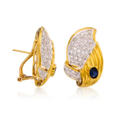 C. 1980 Vintage .95 ct. t.w. Sapphire and 1.85 ct. t.w. Diamond Earrings in 18kt Yellow Gold &mdash; Alt Image 3