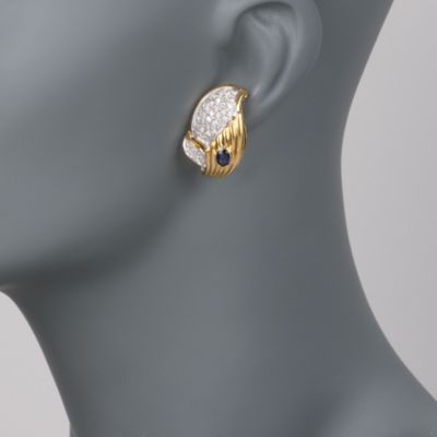 C. 1980 Vintage .95 ct. t.w. Sapphire and 1.85 ct. t.w. Diamond Earrings in 18kt Yellow Gold &mdash; Alt Image 2