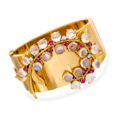 C. 1960. 18.50 ct. t.w. Moonstone and .80 ct. t.w. Ruby Bracelet With .25 ct. t.w. Diamonds in 14kt Yellow Gold. 6.5" &mdash; Alt Image 1