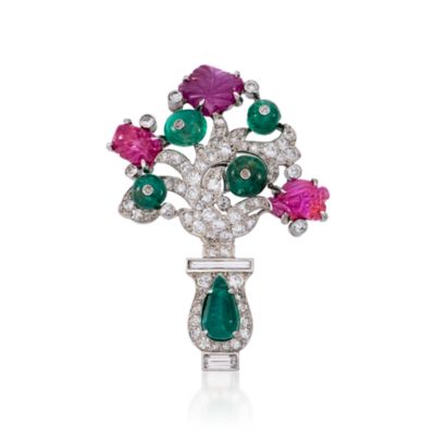 C. 1960 Vintage Cartier 6.95 ct. t.w. Multi-Gem and 1.90 ct. t.w. Diamond Floral Pin In Platinum &mdash; Alt Image 1