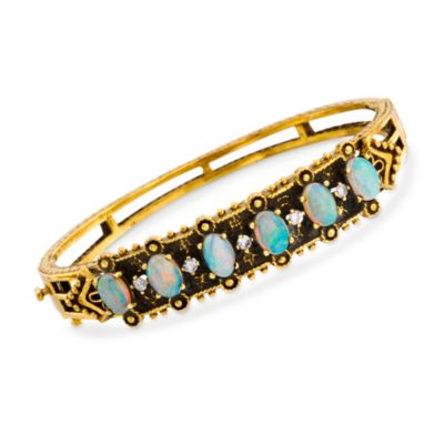 C. 1990. Vintage Opal and .25 ct. t.w. Diamond Bangle Bracelet in 14kt Yellow Gold. 5.5" &mdash; Alt Image 1