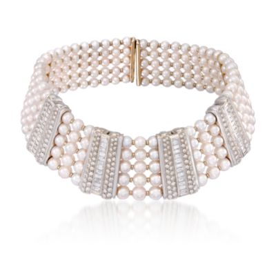 C. 1980. Vintage Cultured Pearl and 9.50 ct. t.w. Diamond Bracelet In 18kt White Gold. 13" &mdash; Alt Image 1