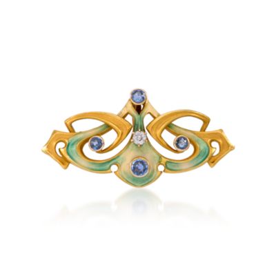 C. 1950. Vintage .25 ct. t.w. Sapphire  Pin With Diamonds In 14kt Yellow Gold and Enamel &mdash; Alt Image 1