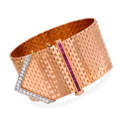 C. 1960 Vintage 1.25 ct. t.w. Ruby and .75 ct. t.w. Diamond Bracelet In 14kt Rose Gold. 6.5" &mdash; Alt Image 1