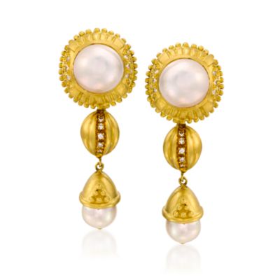 C. 1980 Vintage 12mm Mabe Pearl and .45 ct. t.w. Diamond Earrings in 18kt Yellow Gold &mdash; Alt Image 1