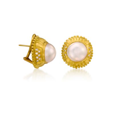C. 1980 Vintage 12mm Mabe Pearl and .45 ct. t.w. Diamond Earrings in 18kt Yellow Gold &mdash; Alt Image 3