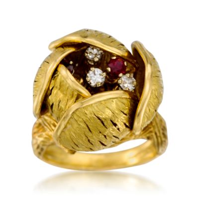C. 1970 Vintage .40 ct. t.w. Ruby and .25 ct. t.w. Diamond Flower Ring In 18kt Yellow Gold. Size 5.5 &mdash; Alt Image 1