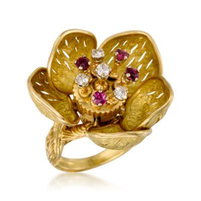 C. 1970 Vintage .40 ct. t.w. Ruby and .25 ct. t.w. Diamond Flower Ring In 18kt Yellow Gold. Size 5.5 &mdash; Alt Image 3