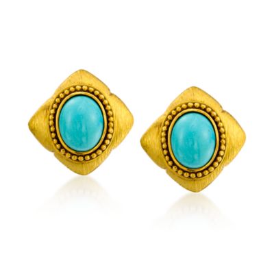C. 1980 Vintage Turquoise Earrings in 18kt Yellow Gold &mdash; Alt Image 1