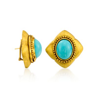 C. 1980 Vintage Turquoise Earrings in 18kt Yellow Gold &mdash; Alt Image 3