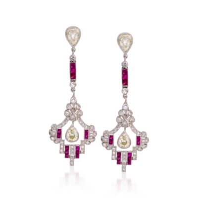 C. 2000 Vintage 1.35 ct. t.w. Ruby and 2.40 ct. t.w. Diamond Earrings in 18kt White Gold &mdash; Alt Image 1