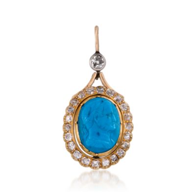 C. 1900 Vintage 9.50 Carat Turquoise and 2.10 ct. t.w. Diamond Caesar Cameo Pendant in 14kt Yellow Gold &mdash; Alt Image 1