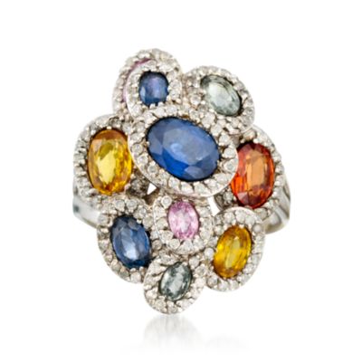 C. 2000 Vintage 3.15 ct. t.w. Multicolored Sapphire and .65 ct. t.w. Diamond Ring in 14kt White Gold. Size 7 &mdash; Alt Image 1