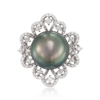 13.5-14mm Black South Sea Pearl and .82 ct. t.w. Diamond Ring in 18kt White Gold &mdash; Alt Image 1