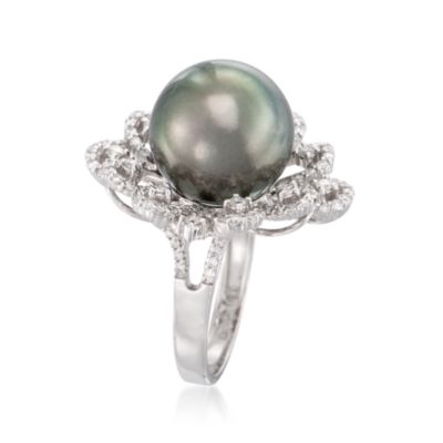 13.5-14mm Black South Sea Pearl and .82 ct. t.w. Diamond Ring in 18kt White Gold &mdash; Alt Image 3