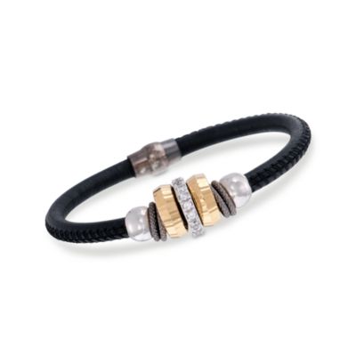 .75 ct. t.w. CZ Black Leather Beaded Bracelet in Two-Tone &mdash; Alt Image 1