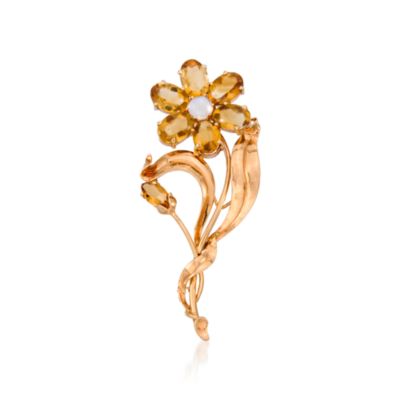 C. 1970 Vintage 14.10 ct. t.w. Citrine Floral Pin With Moonstone in 14kt Yellow Gold &mdash; Alt Image 1