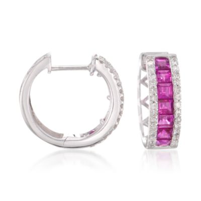 1.50 ct. t.w. Ruby and .30 ct. t.w. Diamond Hoop Earrings in 14kt White Gold &mdash; Alt Image 1