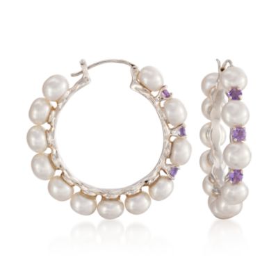 6-7mm Pearl and .90 ct. t.w. Amethyst Hoop Earrings in Sterling Silver &mdash; Alt Image 1