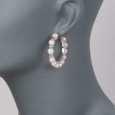 6-7mm Pearl and .90 ct. t.w. Amethyst Hoop Earrings in Sterling Silver &mdash; Alt Image 2