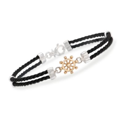 Italian Black Cord Wheel Charm Bracelet in Two-Tone &mdash; Alt Image 1
