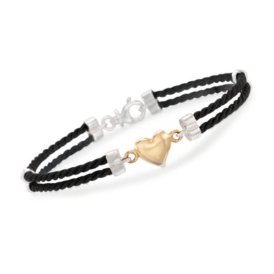 Italian Black Cord Heart Charm Bracelet in Two-Tone &mdash; Alt Image 1