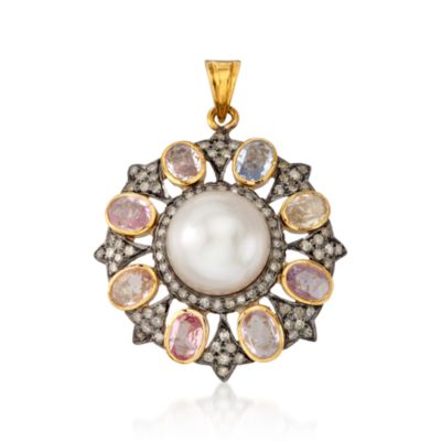 12mm South Sea Pearl and Multicolored Sapphire Pendant With Diamonds in Two-Tone. Pendant &mdash; Alt Image 1