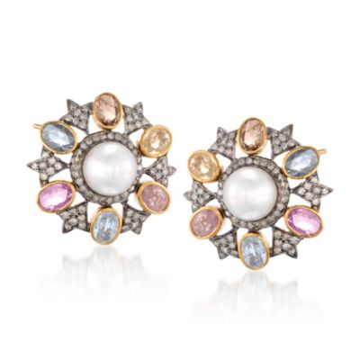 South Sea Pearl and Multicolored Sapphire Earrings With Diamonds in Two-Tone &mdash; Alt Image 1