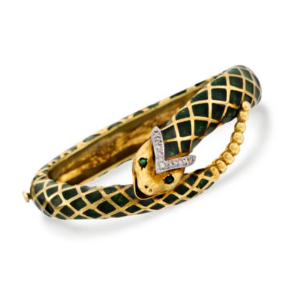 C. 1970 Vintage Enamel and .20 ct. t.w. Diamond Snake Bangle Bracelet in 14kt Yellow Gold. 6.5" &mdash; Alt Image 1