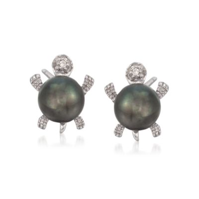 Black Pearl Turtle Earrings With Diamonds In 14kt White Gold &mdash; Alt Image 1