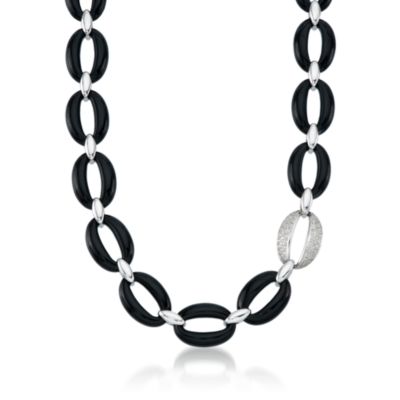 Black Agate and .50 ct. t.w. Diamond Link Necklace in 18kt White Gold. 20" &mdash; Alt Image 1