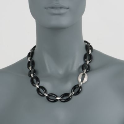 Black Agate and .50 ct. t.w. Diamond Link Necklace in 18kt White Gold. 20" &mdash; Alt Image 2