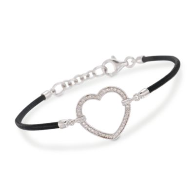 .10 ct. t.w. Diamond Heart Bracelet In Black Leather and Sterling Silver &mdash; Alt Image 1