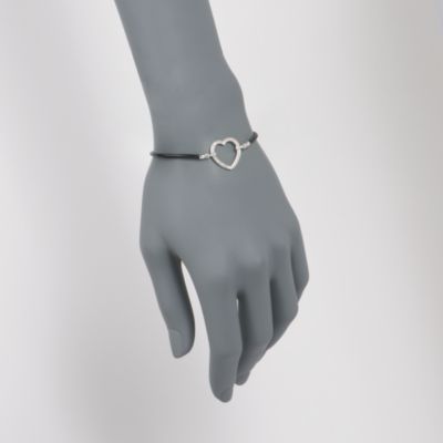 .10 ct. t.w. Diamond Heart Bracelet In Black Leather and Sterling Silver &mdash; Alt Image 2