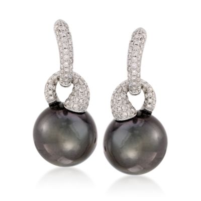 13-13.5mm Black South Sea Pearl Earrings With Diamonds in 18kt White Gold  &mdash; Alt Image 1