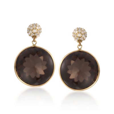 35.00 ct. t.w. Smoky Quartz and .50 ct. t.w. Diamond Earrings in 18kt Yellow Gold &mdash; Alt Image 1