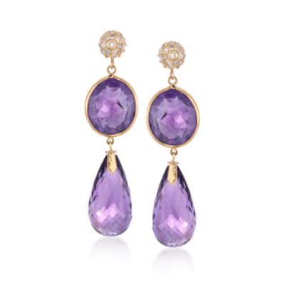 35.00 ct. t.w. Amethyst and .51 ct. t.w. Diamond Earrings in 18kt Yellow Gold &mdash; Alt Image 1