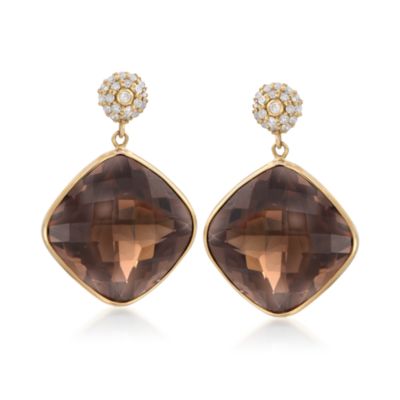 40.00 ct. t.w. Smoky Quartz and .50 ct. t.w. Diamond Earrings in 18kt Yellow Gold &mdash; Alt Image 1
