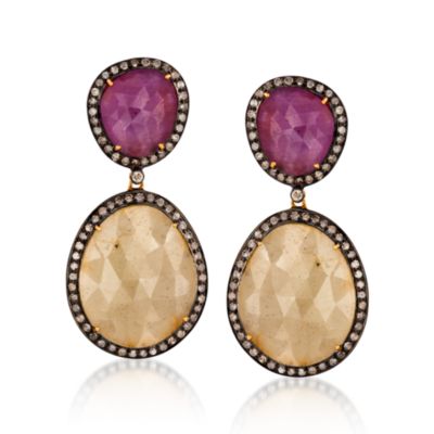 30.00 ct. t.w. Pink and Yellow Sapphire and 2.10 ct. t.w. Natural Diamond Slice Earrings &mdash; Alt Image 1