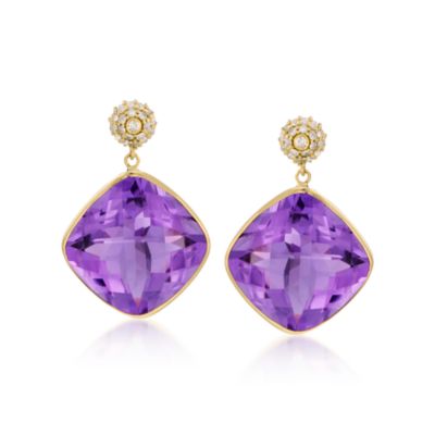 40.00 ct. t.w. Amethyst and .50 ct. t.w. Diamond Earrings in 18kt Yellow Gold &mdash; Alt Image 1
