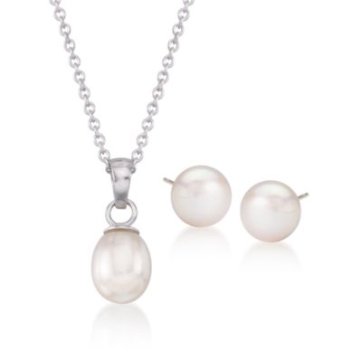 6-7mm Cultured Pearl Necklace and Earrings Set in Sterling Silver. 18" &mdash; Alt Image 1