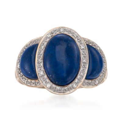 Three-Stone Lapis Cabochon and Diamond Ring in 14kt Yellow Gold &mdash; Alt Image 1