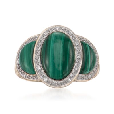 Three-Stone Malachite Cabochon and Diamond Ring in 14kt Yellow Gold &mdash; Alt Image 1